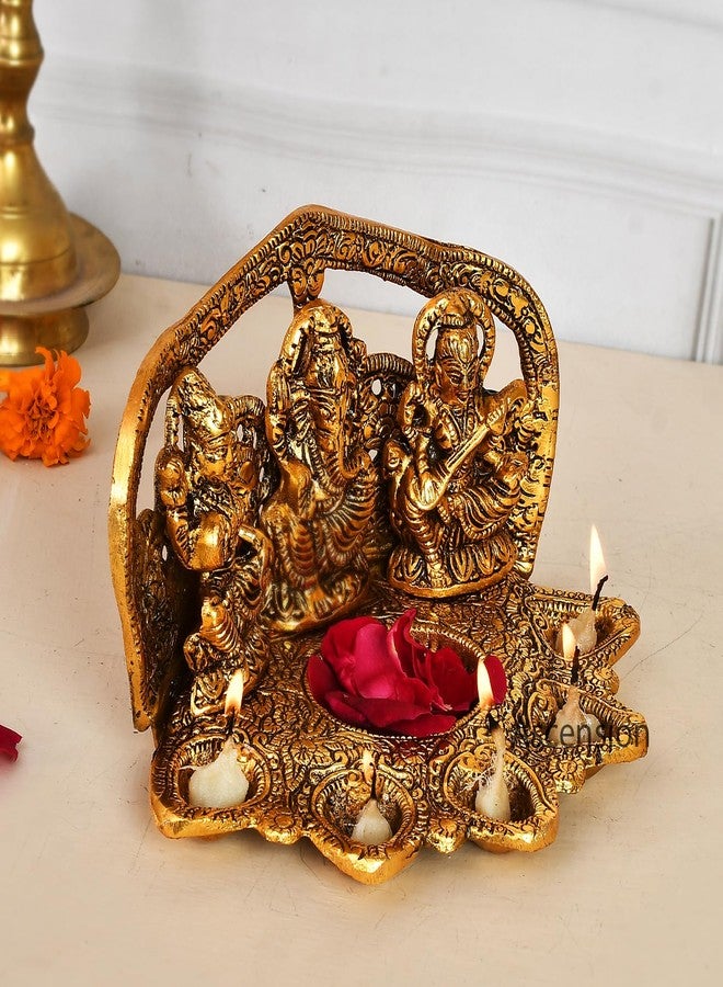 أسينشين تمثال لاكشمي غانيش ساراسواتي من مجموعة أسينشن، مصباح زيتي تقليدي لتزيين معبد ديوالي، تمثال معدني فاخر من لاكشمي غانيشا، قطع ديكور منزلية وهدايا ديوالي (ذهبي) - Image 2